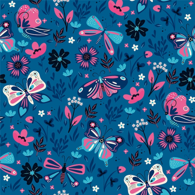 ピンクとブルーの蝶と花とのシームレスなパターン。