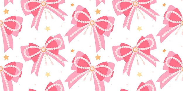 ベクトル 白い背景のピンクの弓と黄色い星のシームレスパターン 美しい弓