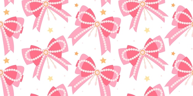 Vector seamless pattern with pink bows and yellow stars on white background beautiful bows