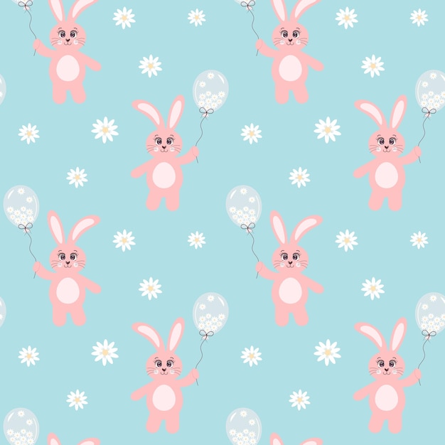 Seamless pattern with pink bunny holding a balloon full of chamomiles on blue background