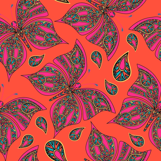 赤い背景にzentangleスタイルのピンクの蝶とのシームレスなパターン
