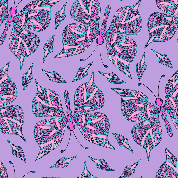 Seamless pattern with pink butterfly in zentangle style on purple background