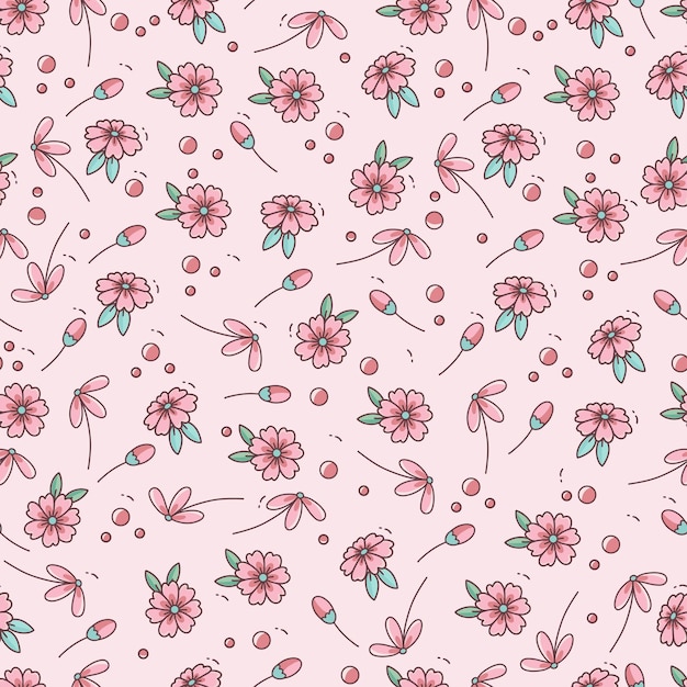 Seamless pattern with pink flower and green leaf