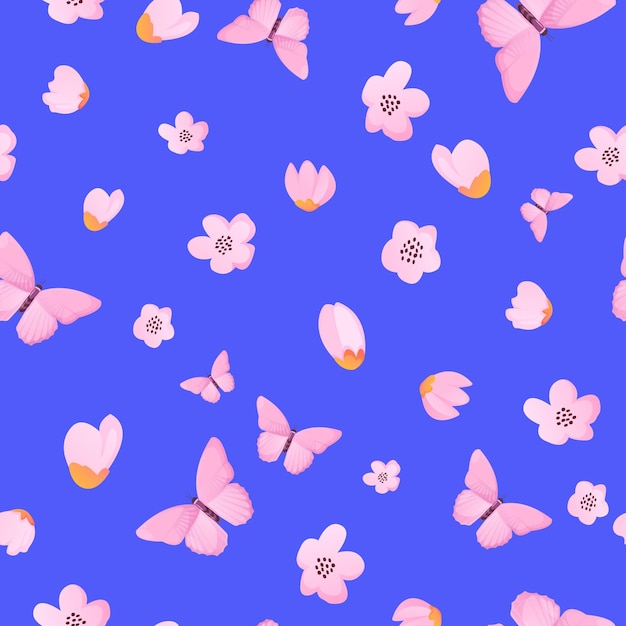 Seamless pattern with pink flowers and butterflies