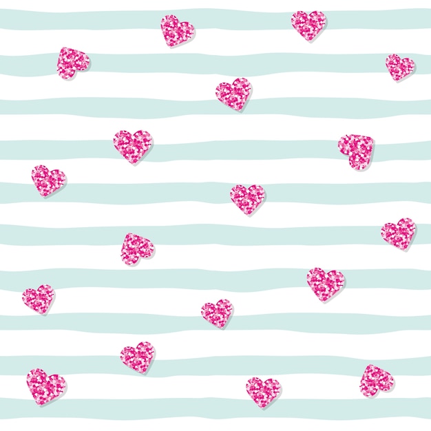 Seamless pattern with pink glitter confetti hearts on striped background.