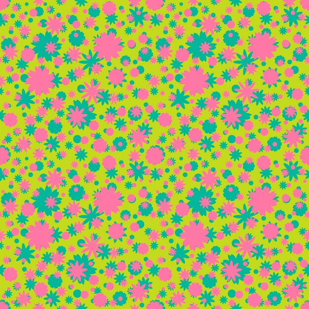 Seamless pattern with pink, green ditsy flowers, dots on green background. floral background