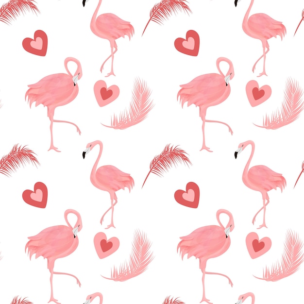 Seamless pattern with pink hearts, feathers and flamingos. Design for fabric etc