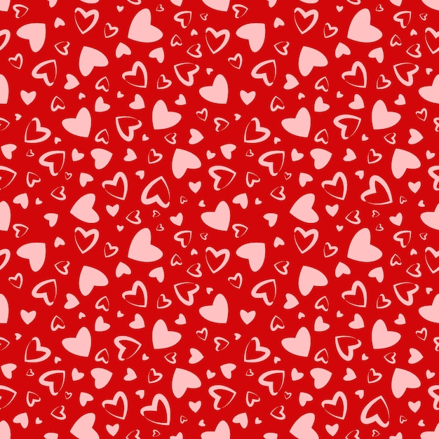 Seamless pattern with pink hearts on a red background.