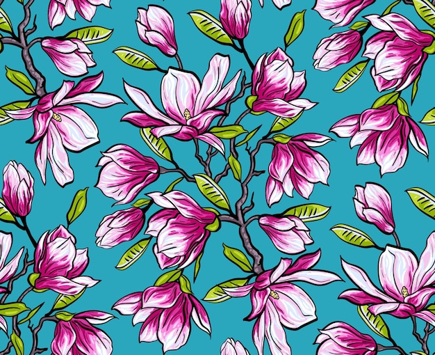 Seamless pattern with pink magnolia flowers leaves petals on blue background