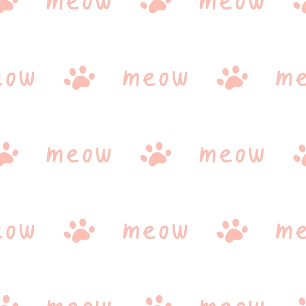 Seamless pattern with pink meow text and paws