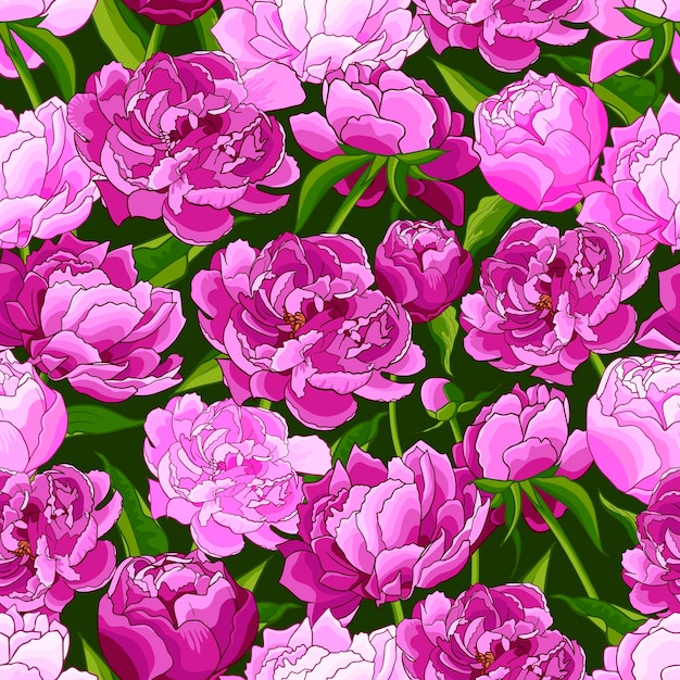 Seamless pattern with pink peony flowers