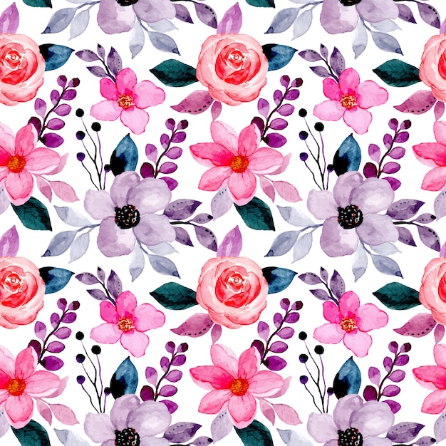 Seamless pattern with pink purple watercolor flower