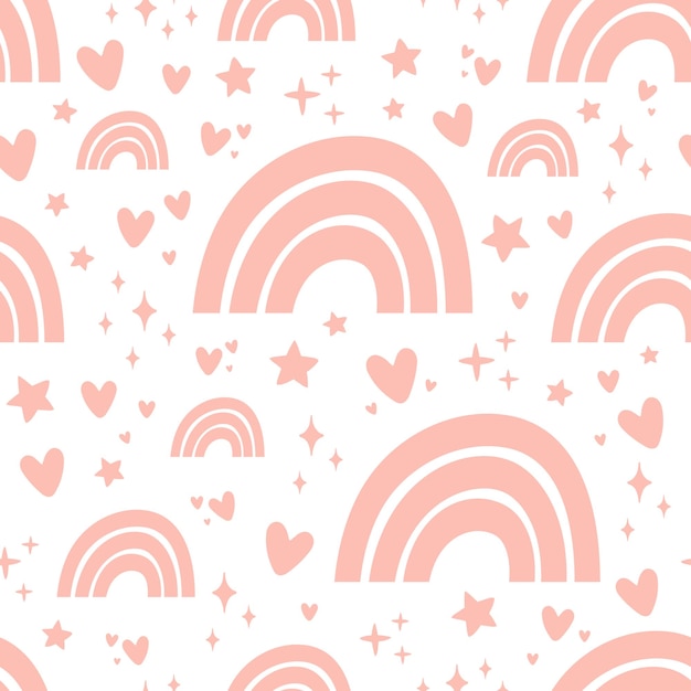 Seamless pattern with pink rainbows and hearts