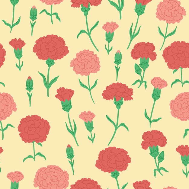 Seamless pattern with pink and red carnation flowers