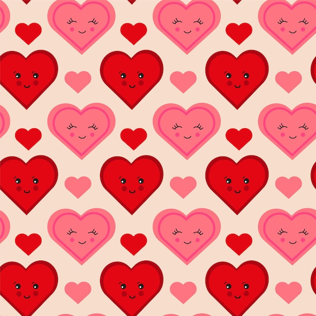 Seamless pattern with pink and red hearts different emotions and design. Smiling heart.