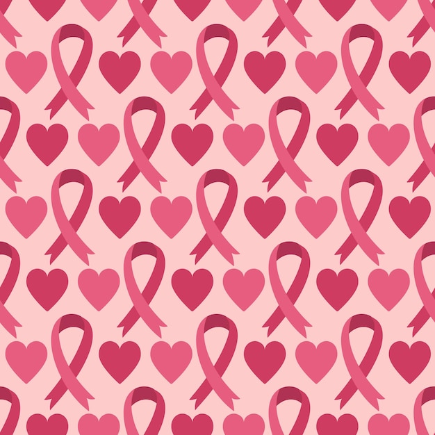 ピンクリボンのシームレスなパターン-乳がん啓発月のシンボルとハート。ヘルスケア医療概念の背景テクスチャ。国際的な日は乳がんの壁紙を再び。
