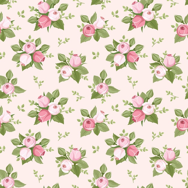 분홍색 배경에 분홍색 장미 봉오리와 녹색 잎이 있는 매끄러운 패턴