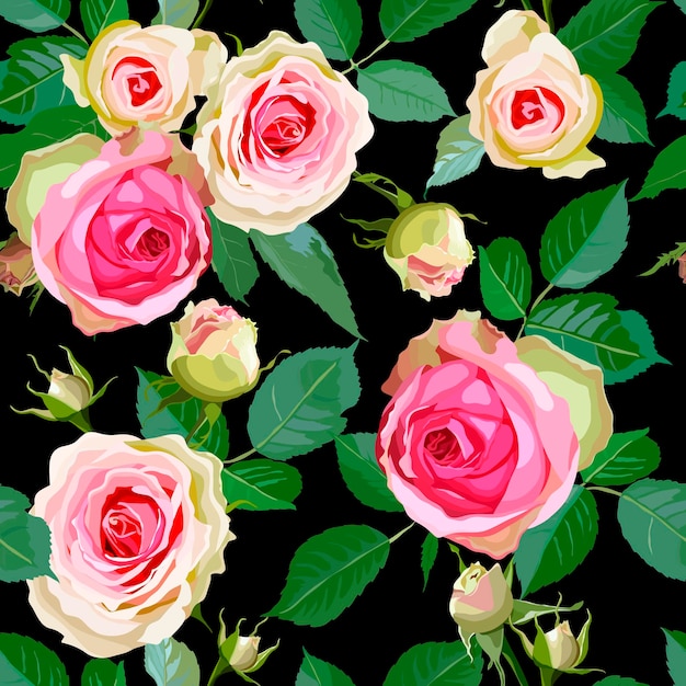 Modello senza cuciture con foglie di fiori di rose rosa su sfondo nero