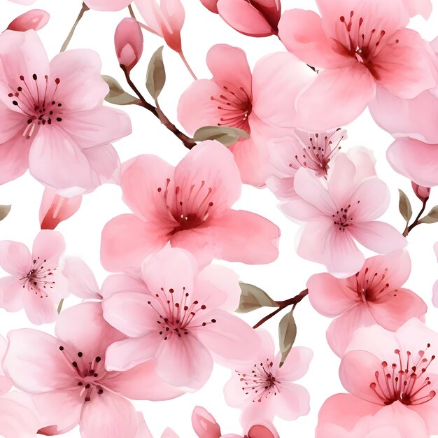 Seamless pattern with pink sakura flowers Watercolor illustration