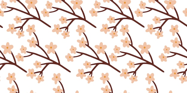 Vector seamless pattern with pink small flower blossom on branches on white background vector illustration cute spring floral print