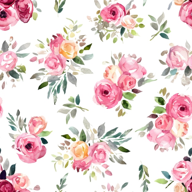 Seamless pattern with pink watercolor roses Spring flowers and leaves background Floral pattern