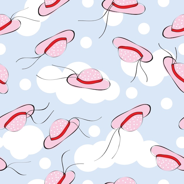 Seamless pattern with pink womens hats in the sky