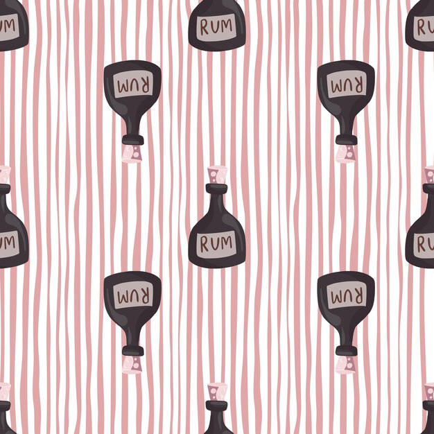 Seamless pattern with pirate drink rum bottle ornament. Striped background.