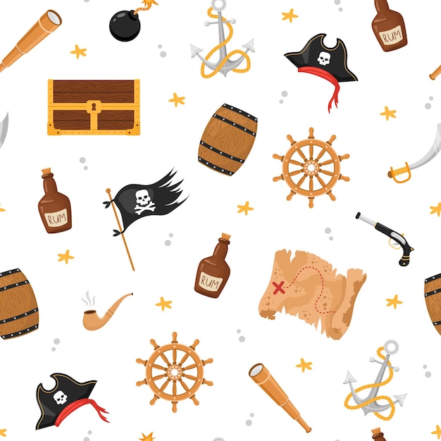 Vector seamless pattern with pirate flag treasure and map