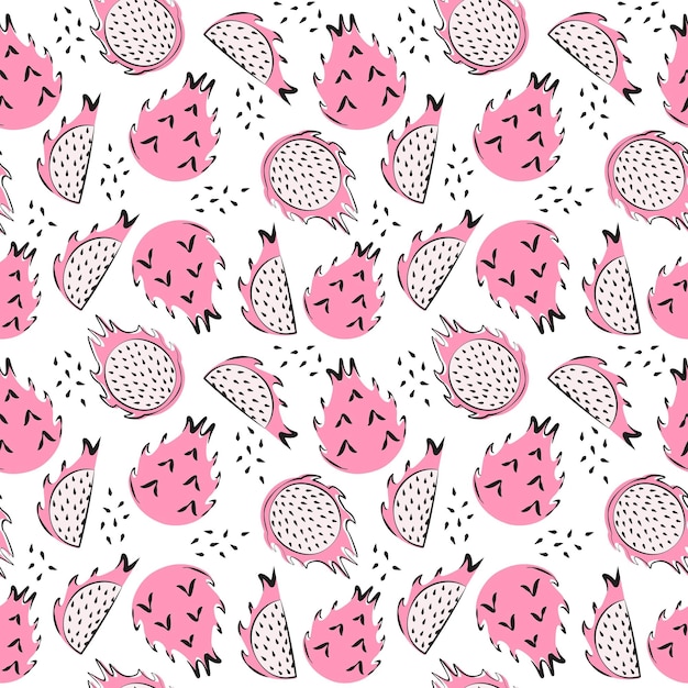 Seamless pattern with pitaya in flat cartoon design Dragon fruit in boho style