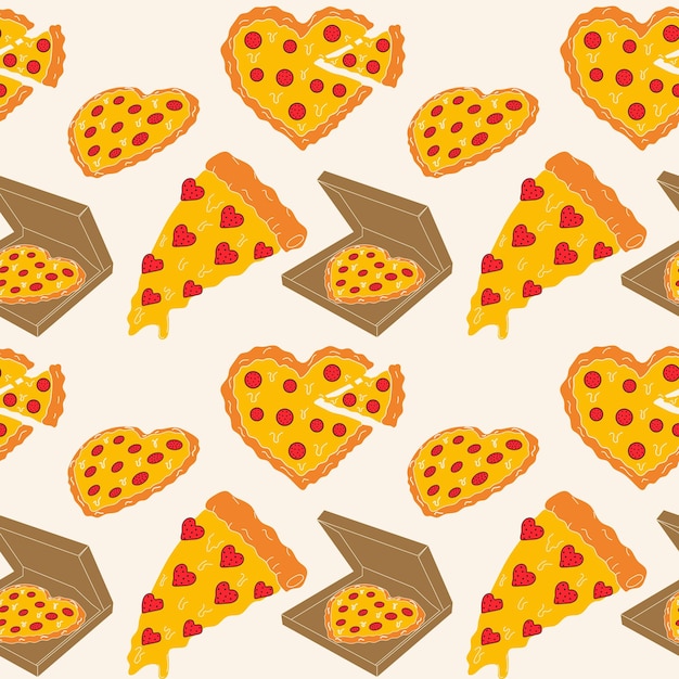 Seamless Pattern with Pizza in the form of a heart. Valentine's Day concept