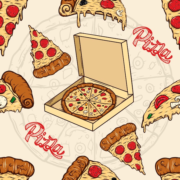 Modello senza cuciture con pizza e olive. elemento di design per poster, biglietti, banner, volantini. illustrazione vettoriale