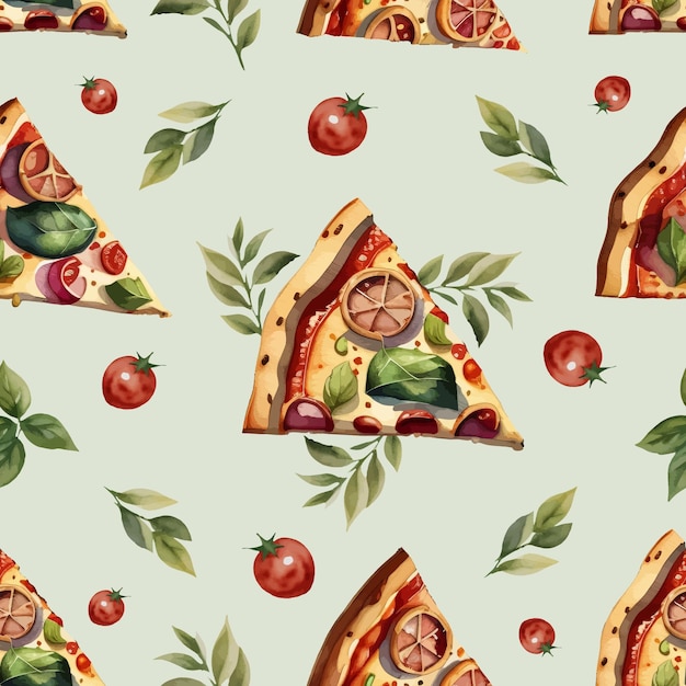 seamless pattern with pizza and tomatoes and leaves with a vintage cartoon style