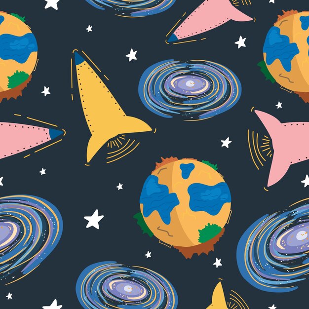 Vector seamless pattern with planet spaceship and galaxy vector illustration