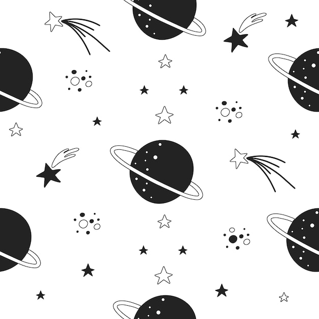 Seamless pattern with planets and stars of black color in the scandinavian style for childrens design