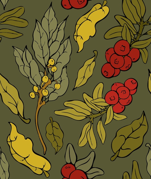 Seamless pattern with plants Sprig of laurel and lingonberry with leaves and berries Autum
