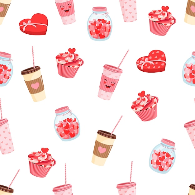 Seamless pattern with a plastic cup of coffee box of chocolates jar of hearts and cupcake