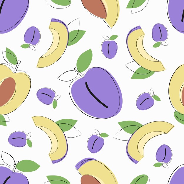 Vector seamless pattern with plum fruit in flat design fruit flat minimal vector illustration