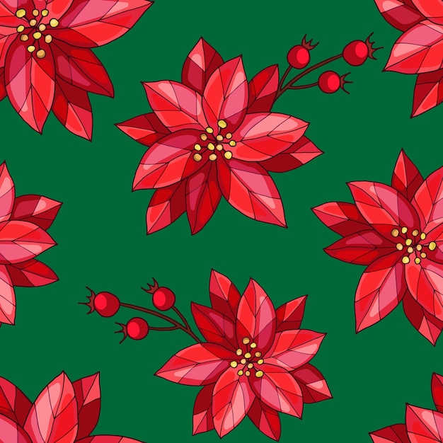 Seamless pattern with poinsettia, berry branch. Hand drawn wallpaper.