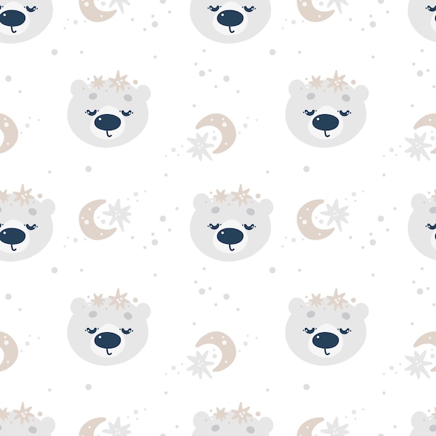 Seamless pattern with polar bear, moon and stars