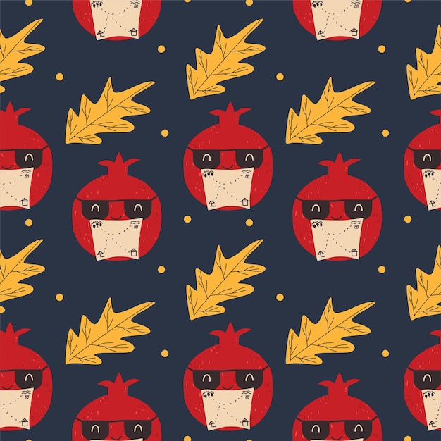 Seamless pattern with pomegranate and leaves Vector illustration