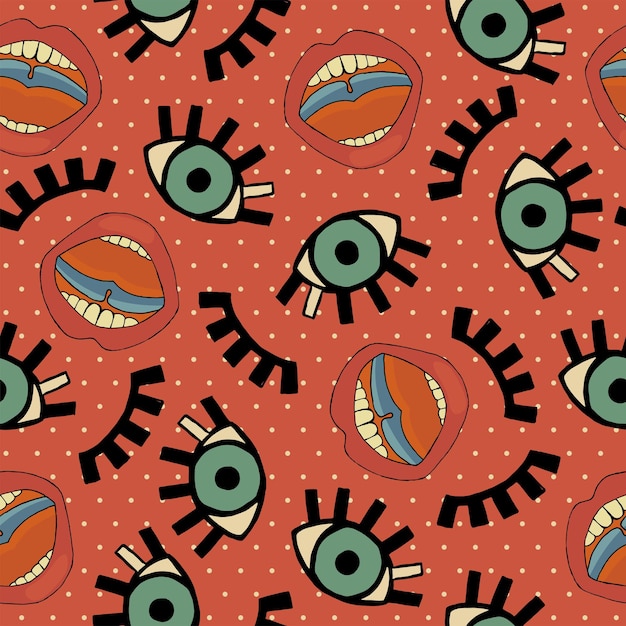 Seamless pattern with Pop Art elements of eyes and lips. Fashionable comic vector retro illustration