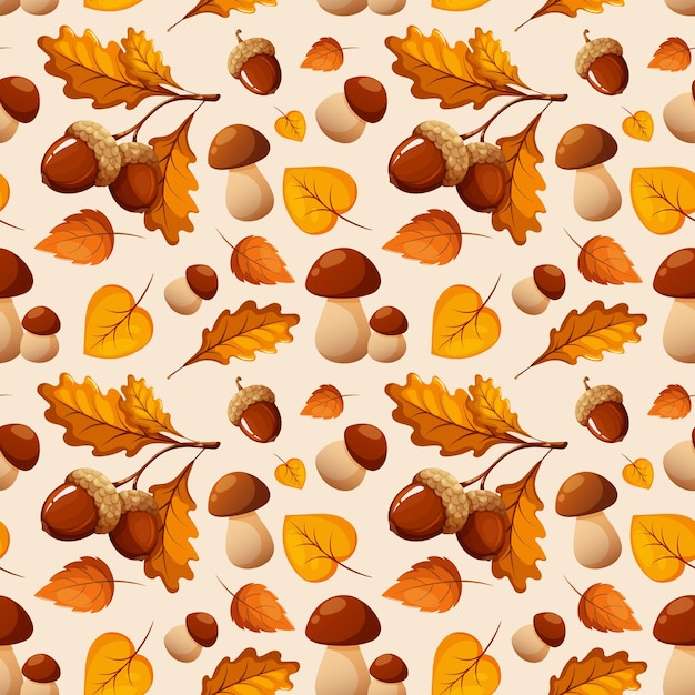 Seamless pattern with porcini mushrooms acorns and autumn leaves on white light background