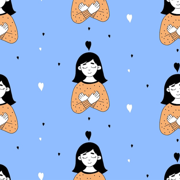 Vector seamless pattern with portrait of girl hugging herself on blue background selfcare and love