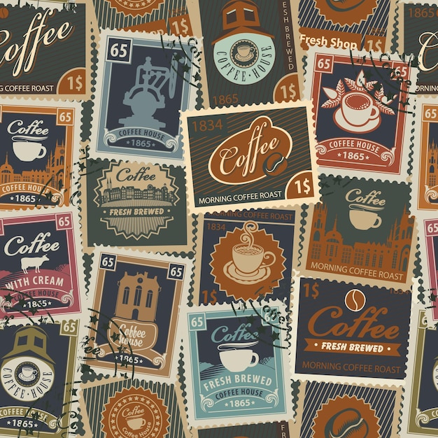 Vector seamless pattern with postage stamps on the theme of coffee