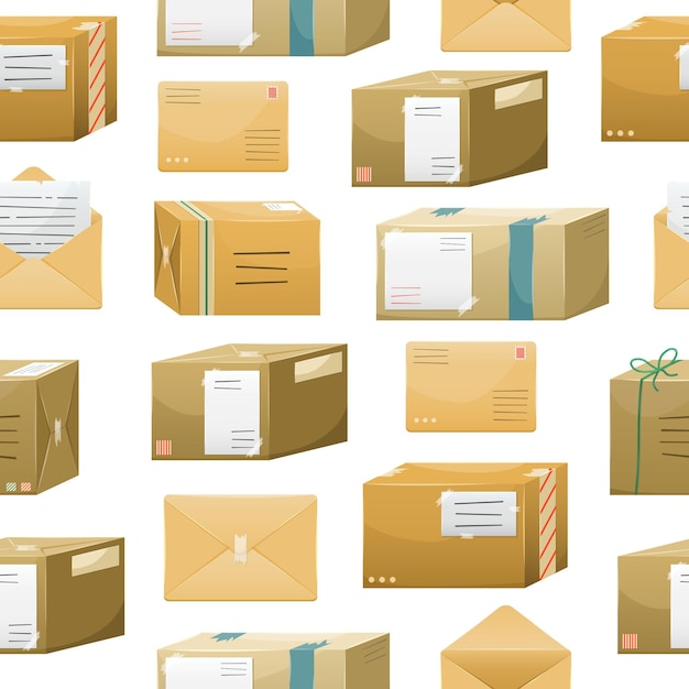 Vector seamless pattern with postal parceles in a boxes with a delivery address and envelopes