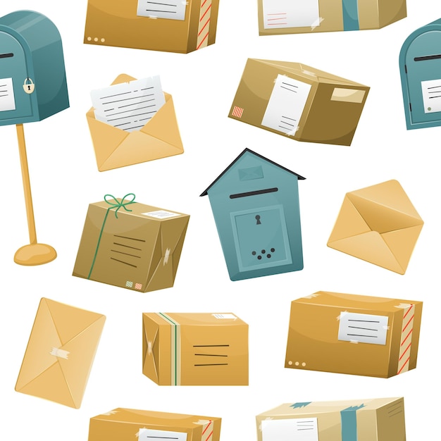 Vettore modello senza cuciture con pacchi postali in scatole con un indirizzo di consegna e buste