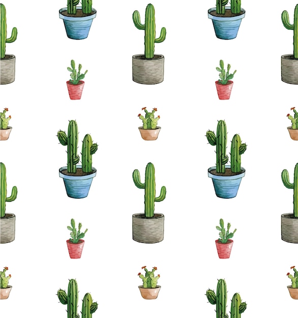 Seamless pattern with potted cacti. Floral pattern