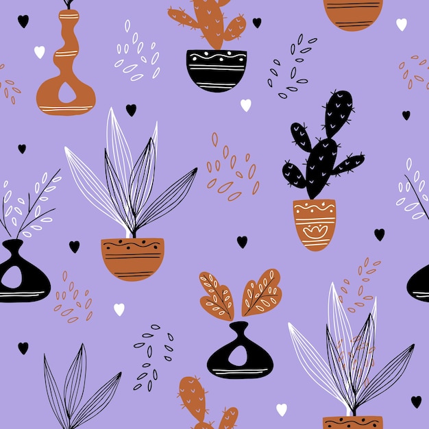 Seamless pattern with potted indoor flowers and cacti vector