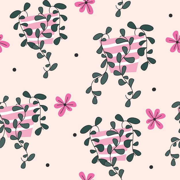 seamless pattern with potted plants, flowers and dots