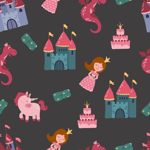 Бесшовный рисунок с принцессой, замком, драконом и единорогом. Дизайн ткани, текстиля, обоев